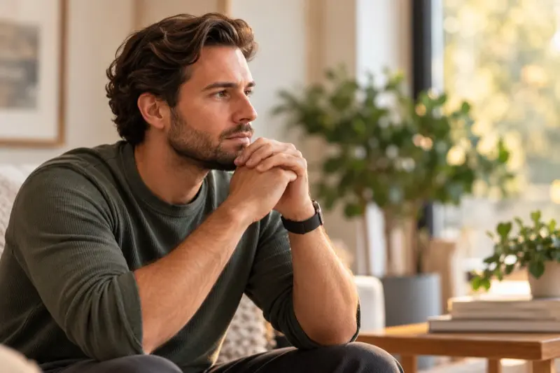 A man sitting on a sofa, resting his chin on his clasped hands and looking into the distance