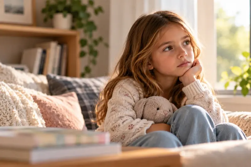 A young girl sitting on a sofa hugging a stuffed rabbit and looking out of the window