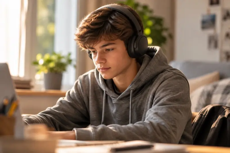 A teenage boy wearing headphones, working at a laptop in his bedroom