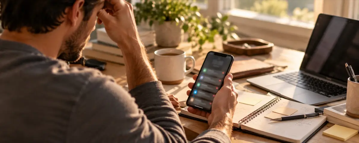 A man at a desk holding his head while looking at a phone full of notifications