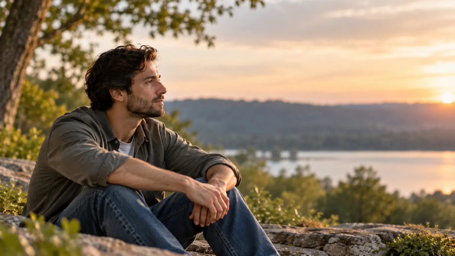 A man sitting on a rock, looking out over a lake and wooded hills at sunset