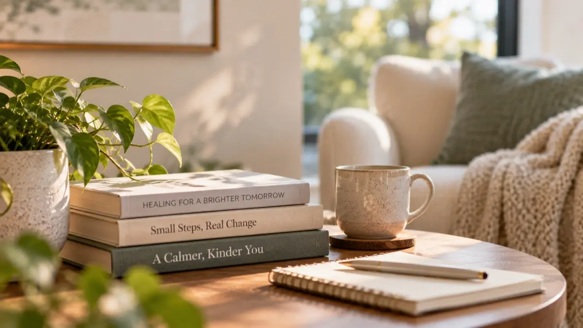A stack of books, a mug of coffee and a notebook with a pen on a sunlit coffee table