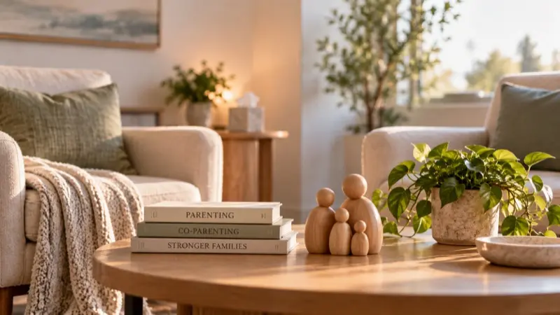 A stack of books titled Parenting, Co-Parenting and Stronger Families beside wooden family figures on a coffee table