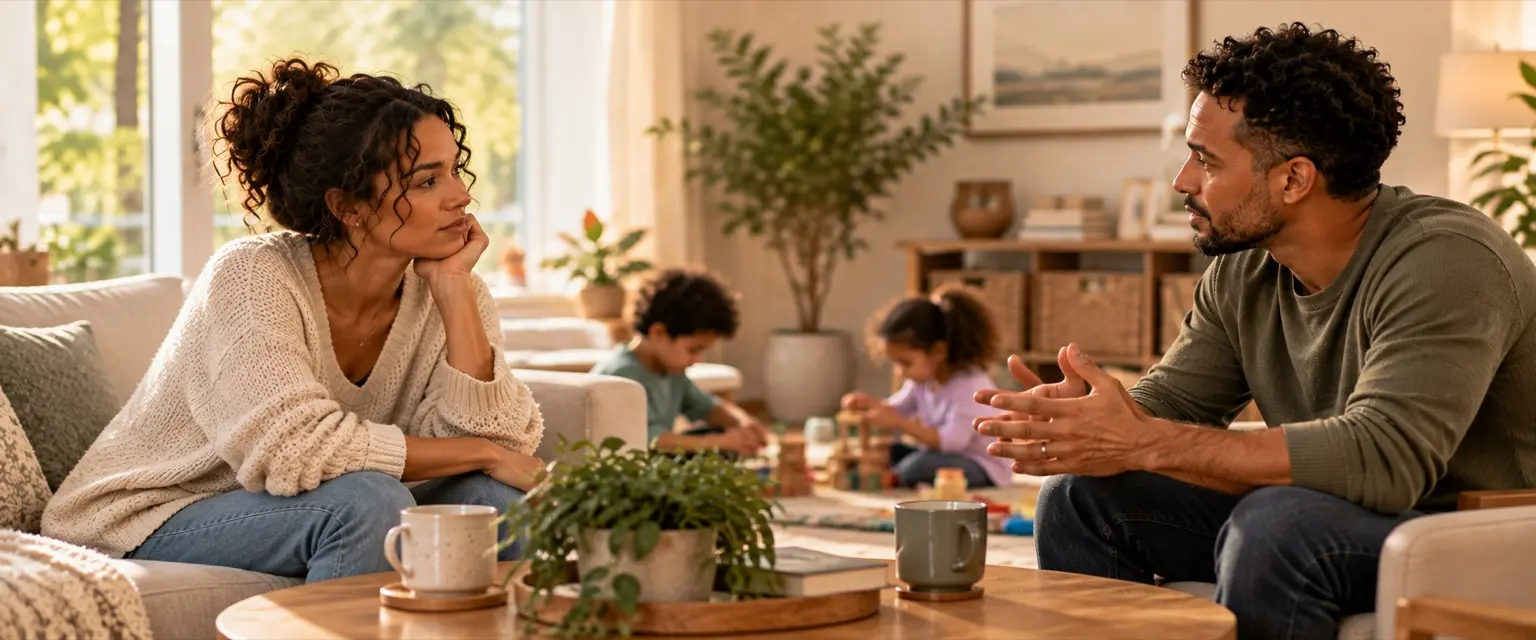 A mother and father talking on sofas in their living room while their two children play on the floor behind them