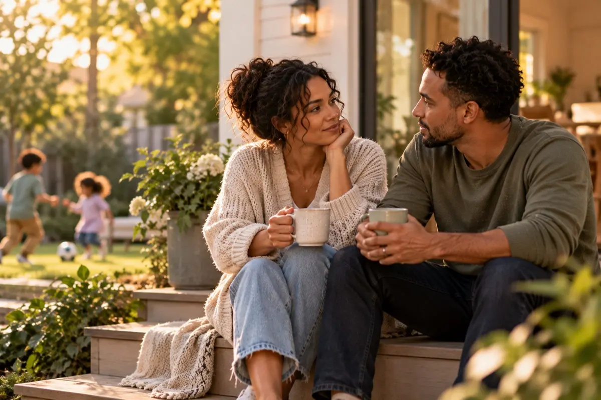 A couple with mugs sitting together on their front steps while their children play in the garden